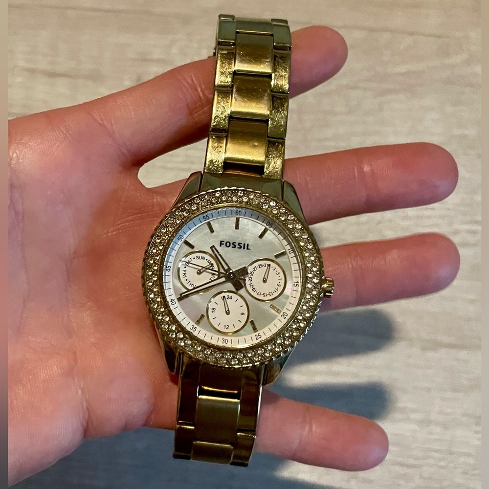 Fossil Women’s Gold Tone Crystal Bezel Watch with Mother of Pearl Dial